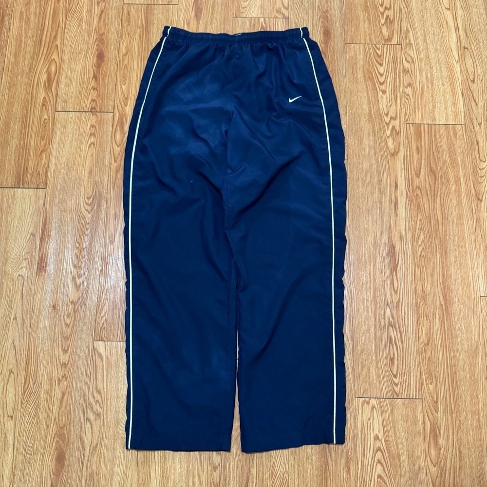 Nike Men's Track Pants Large Striped Navy Blue Baggy Y2K Skater Wide Leg